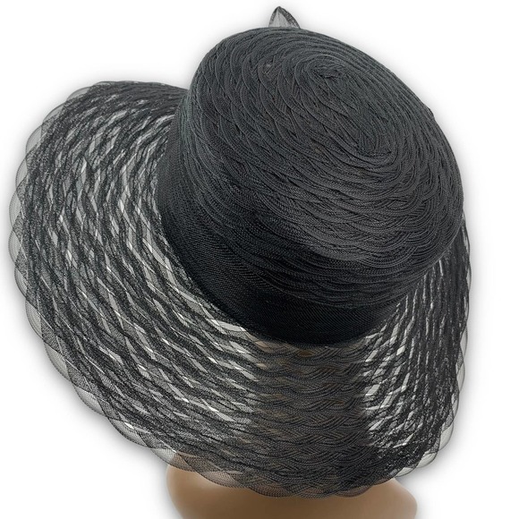 Vintage PLAZE SUITE NEW YORK glam black mesh hat with large bow - Picture 3 of 12